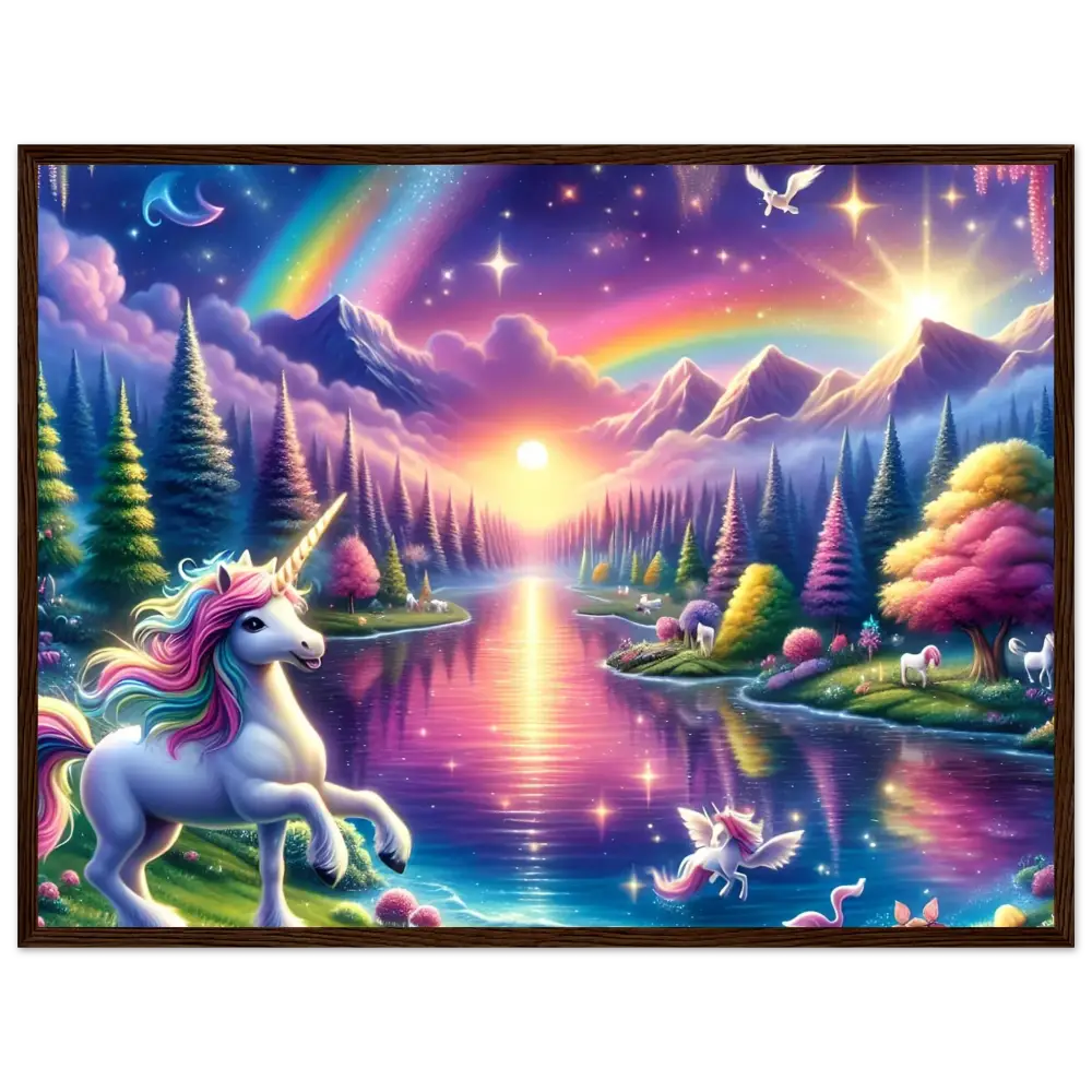 Whimsical unicorn fantasy landscape poster displayed in Rainbow Unicorn Forest PixiOnyx Exclusive