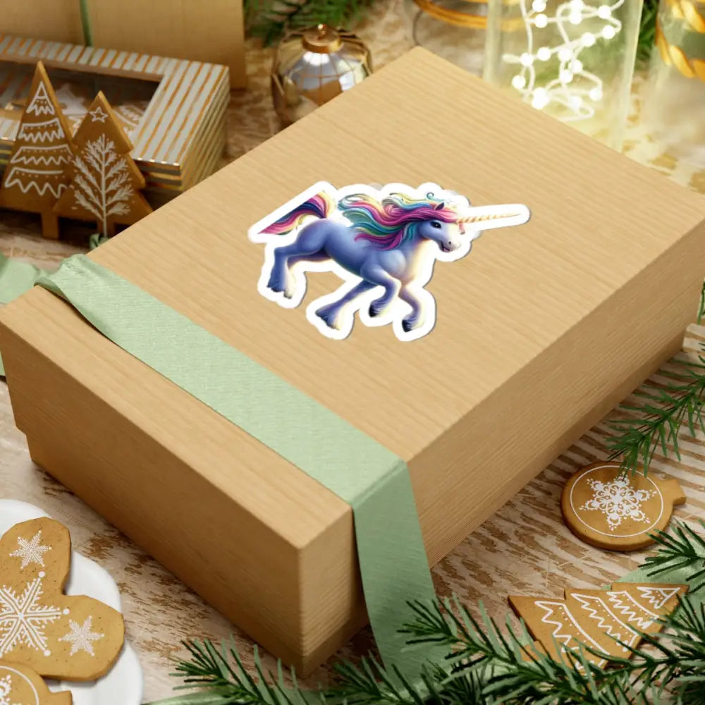 Gift box with Rainbow Unicorn sticker featuring Mythic Magic design for laptops and gifts