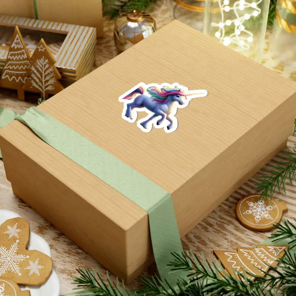 Gift box with Rainbow Unicorn sticker featuring Mythic Magic design for laptops and gifts