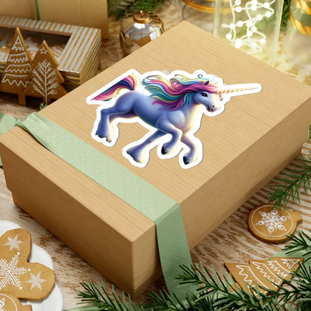 Rainbow Unicorn sticker on a gift box for Laptops and Gifts by PixiOnyx