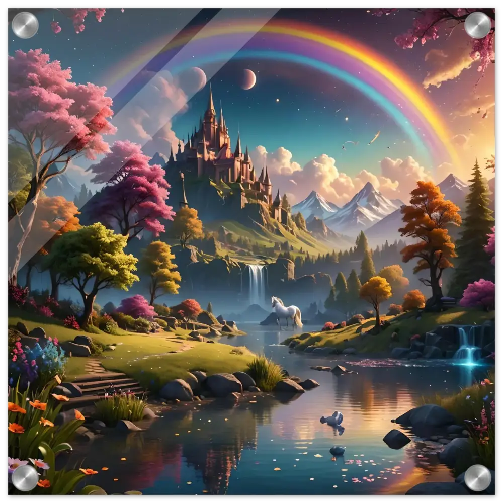 Enchanting fantasy landscape with castle and rainbow for Realm of the Rainbow Crown acrylic art print