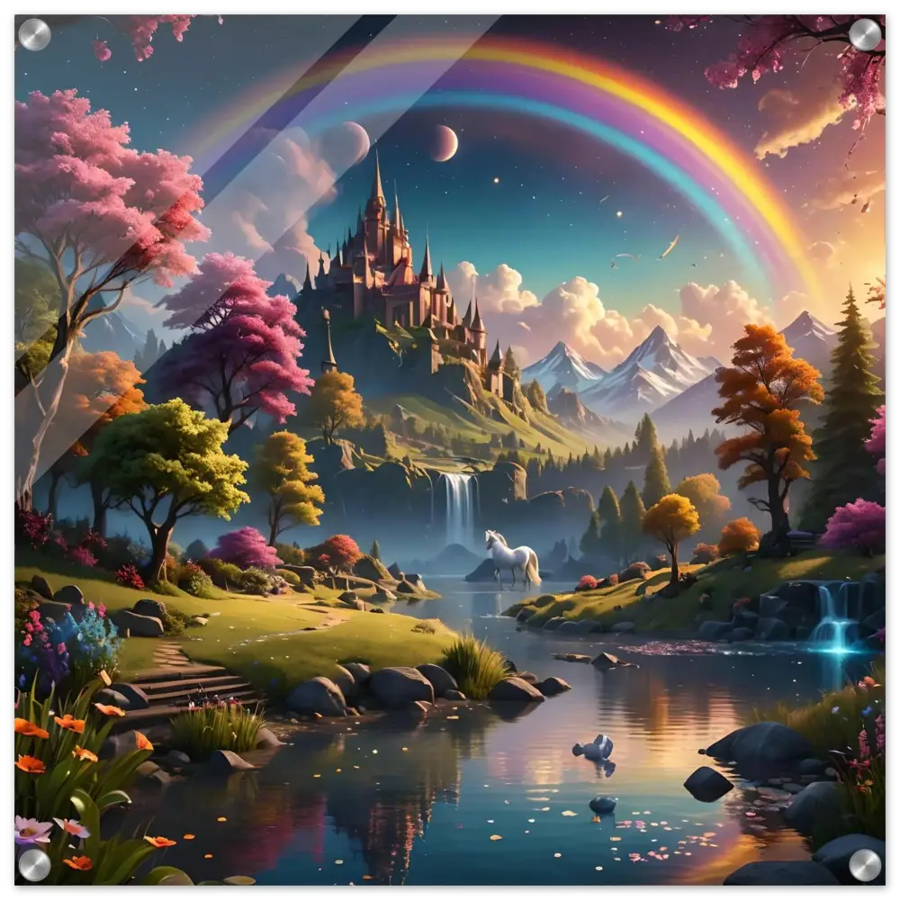 Fantasy landscape with castle and rainbow artwork from Realm of the Rainbow Crown acrylic print