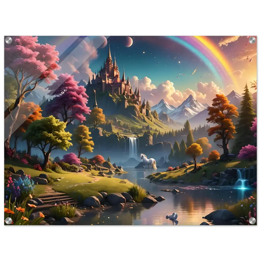 Fantasy landscape art print featuring vibrant colors in the Realm of the Rainbow Crown acrylic artwork