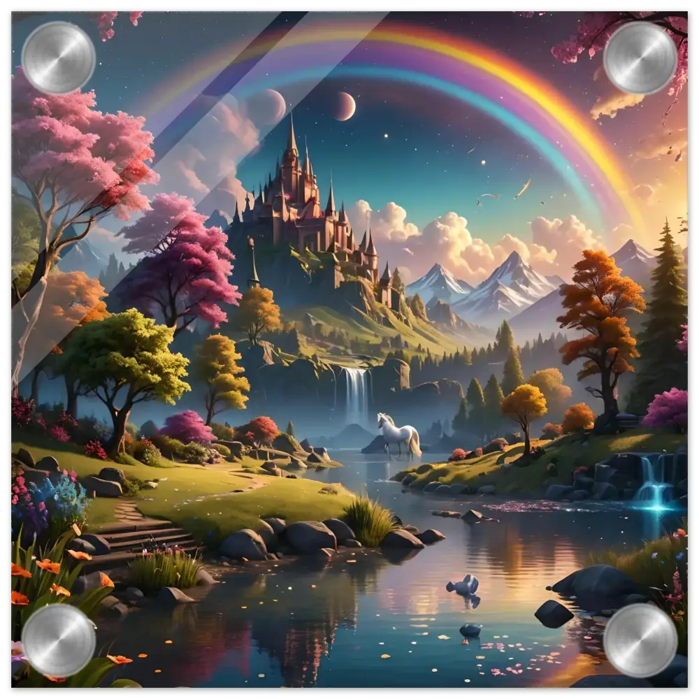 Fantasy castle landscape with rainbow displayed on Realm of the Rainbow Crown acrylic art print