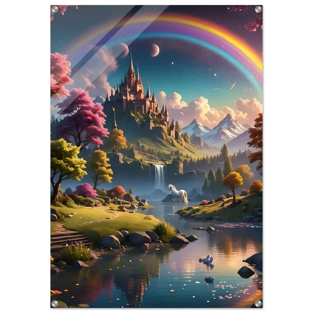 Fantasy castle landscape acrylic art print from Realm of the Rainbow Crown by PixiOnyx