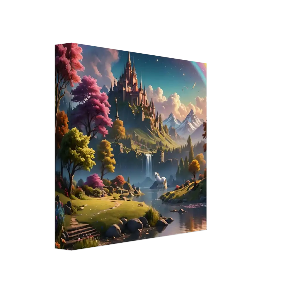 Fantasy castle landscape art displayed on Realm of the Rainbow Crown canvas print