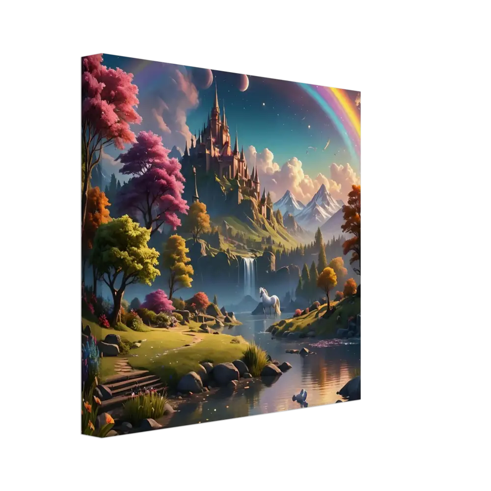 Fantasy castle landscape depicted on Realm of the Rainbow Crown Fantasy Canvas Print by PixiOnyx