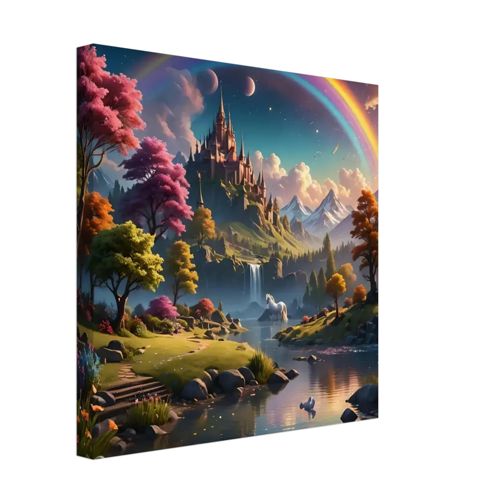 Fantasy castle landscape painting displayed on Realm of the Rainbow Crown Fantasy Canvas Print
