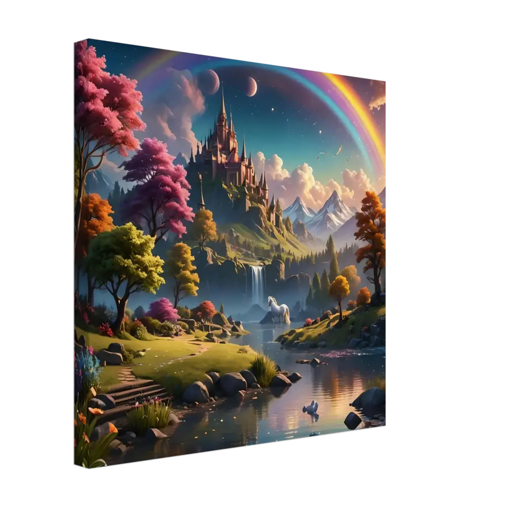 Fantasy castle landscape depicted on Realm of the Rainbow Crown canvas print by PixiOnyx