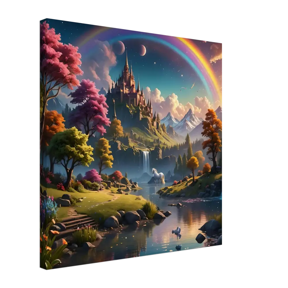 Whimsical castle landscape with rainbow on Fantasy Canvas Print Realm of the Rainbow Crown