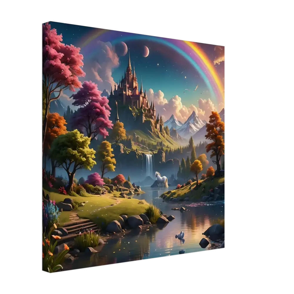 Fantasy castle landscape on a vibrant canvas print by PixiOnyx for Realm of the Rainbow Crown