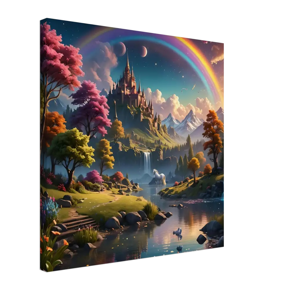 Fantasy castle landscape with rainbow on Realm of the Rainbow Crown fantasy canvas print
