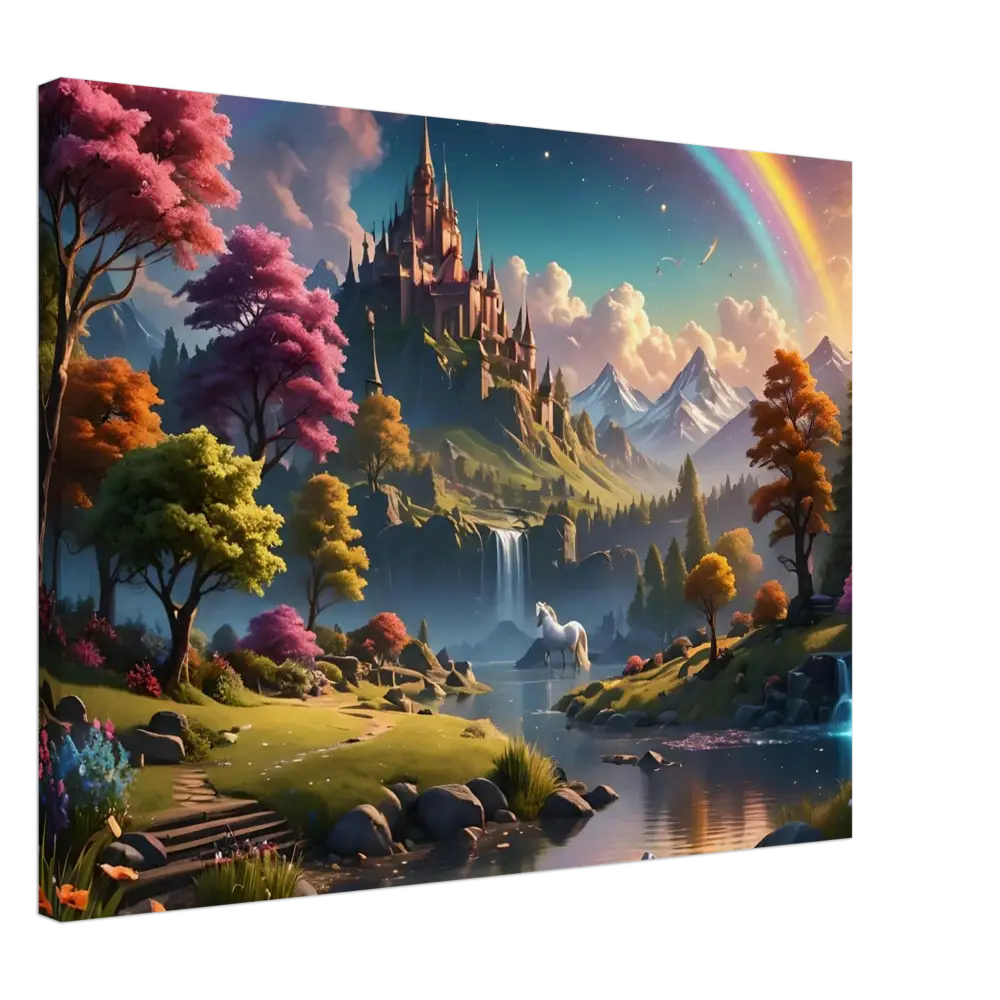 Fantasy castle landscape depicted on Realm of the Rainbow Crown fantasy canvas print