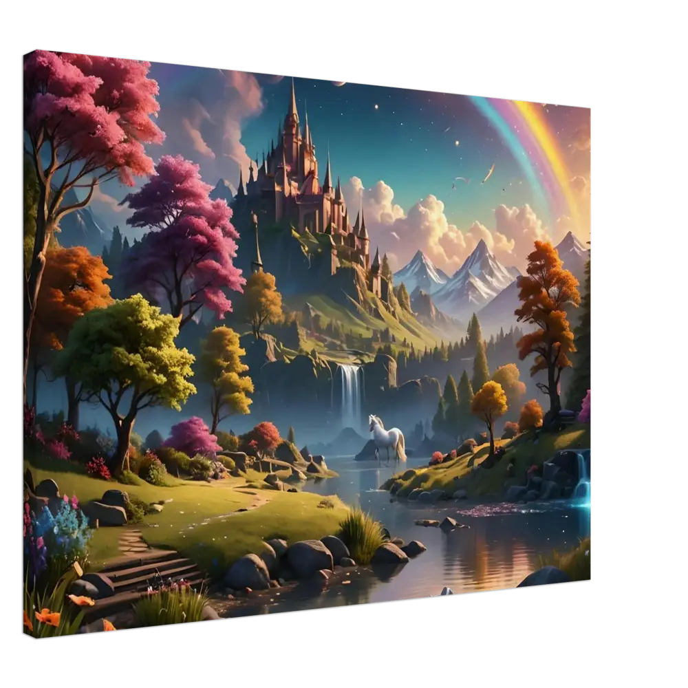 Fantasy castle landscape digital canvas print for Realm of the Rainbow Crown by PixiOnyx