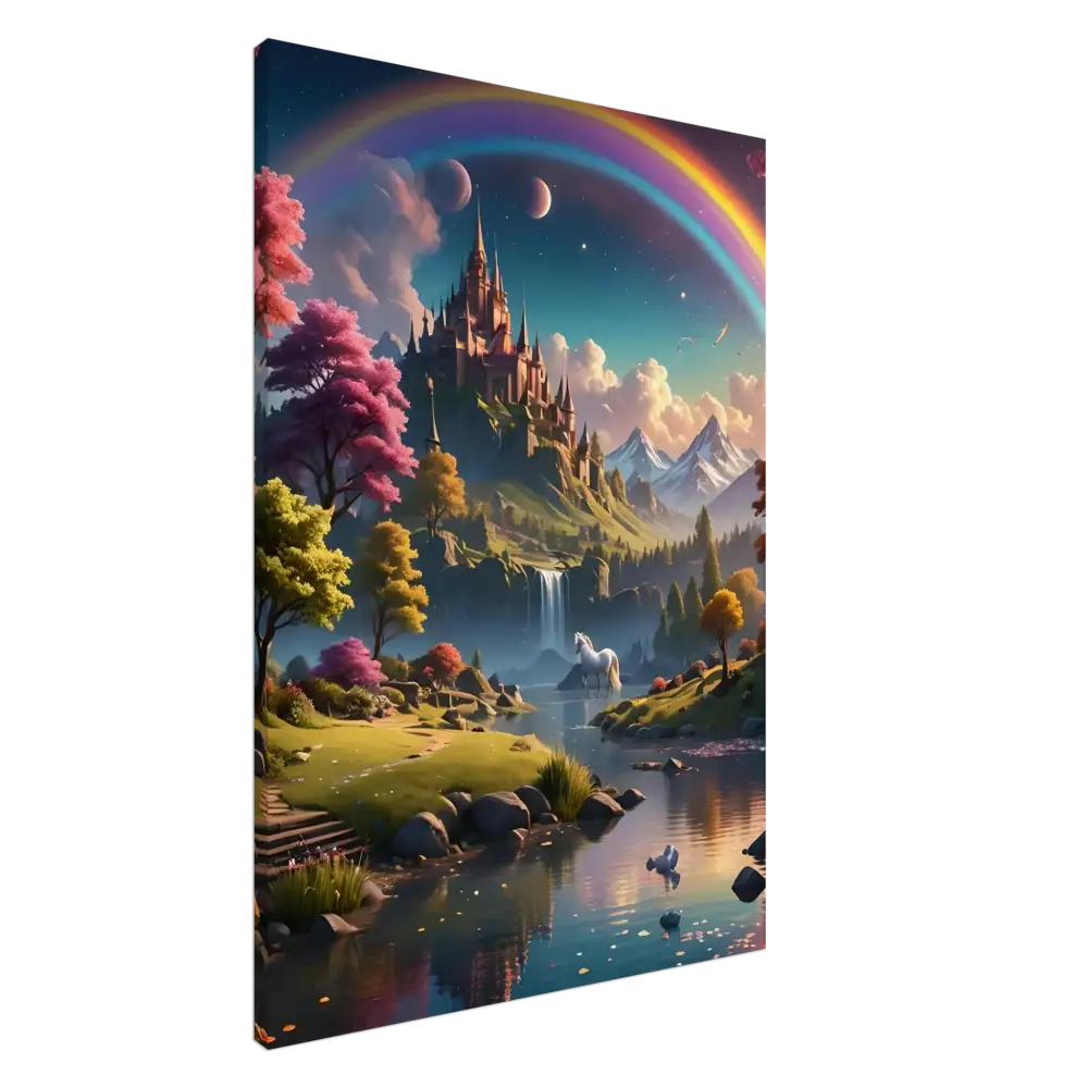 Fantasy castle landscape with rainbow for Realm of the Rainbow Crown Canvas Print