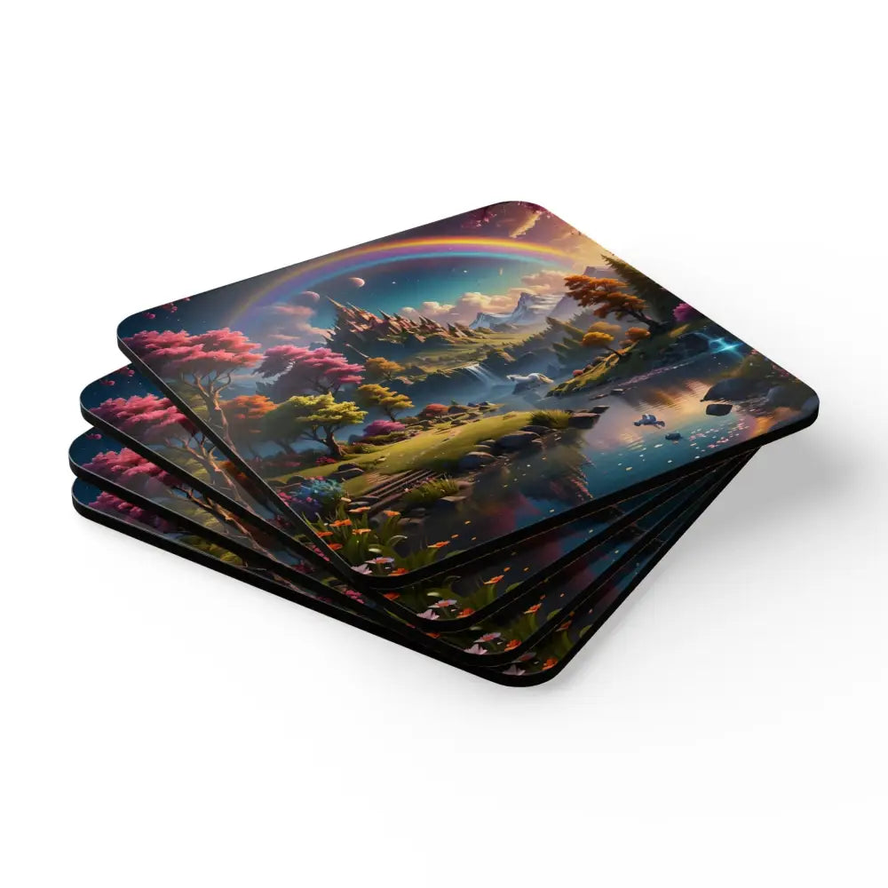 Stack of square coasters featuring a fantasy landscape design from Realm of the Rainbow Crown coaster set