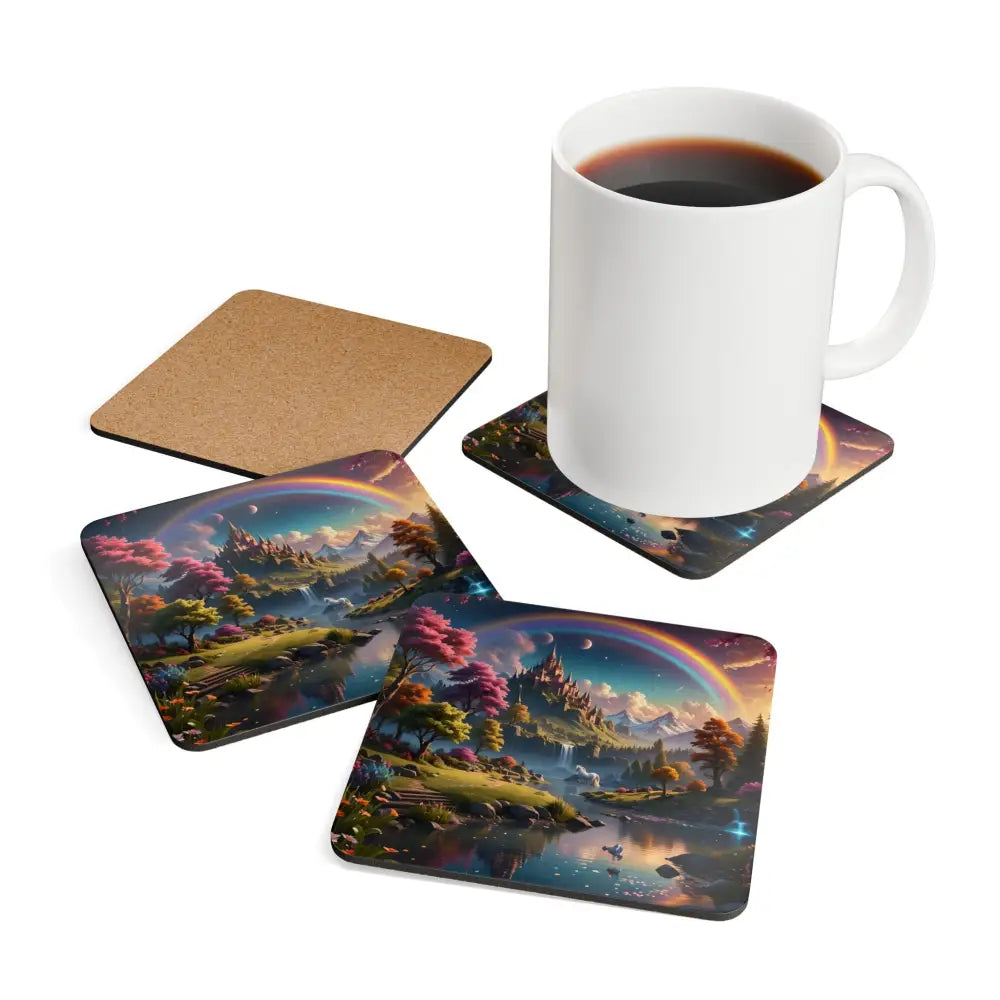 Fantasy landscape coaster set from Realm of the Rainbow Crown whimsical drinkware collection