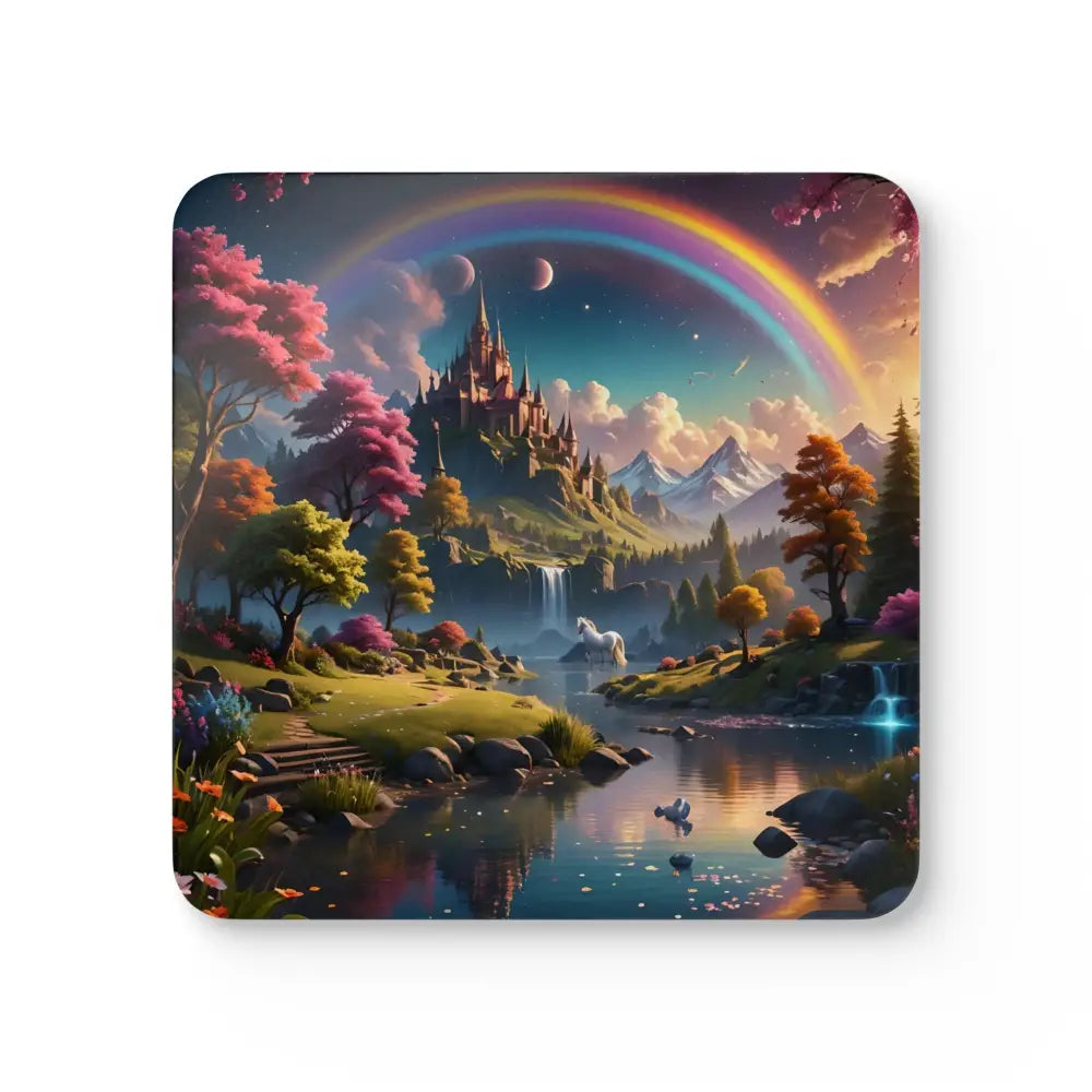 Square coaster featuring a colorful fantasy landscape from Realm of the Rainbow Crown set