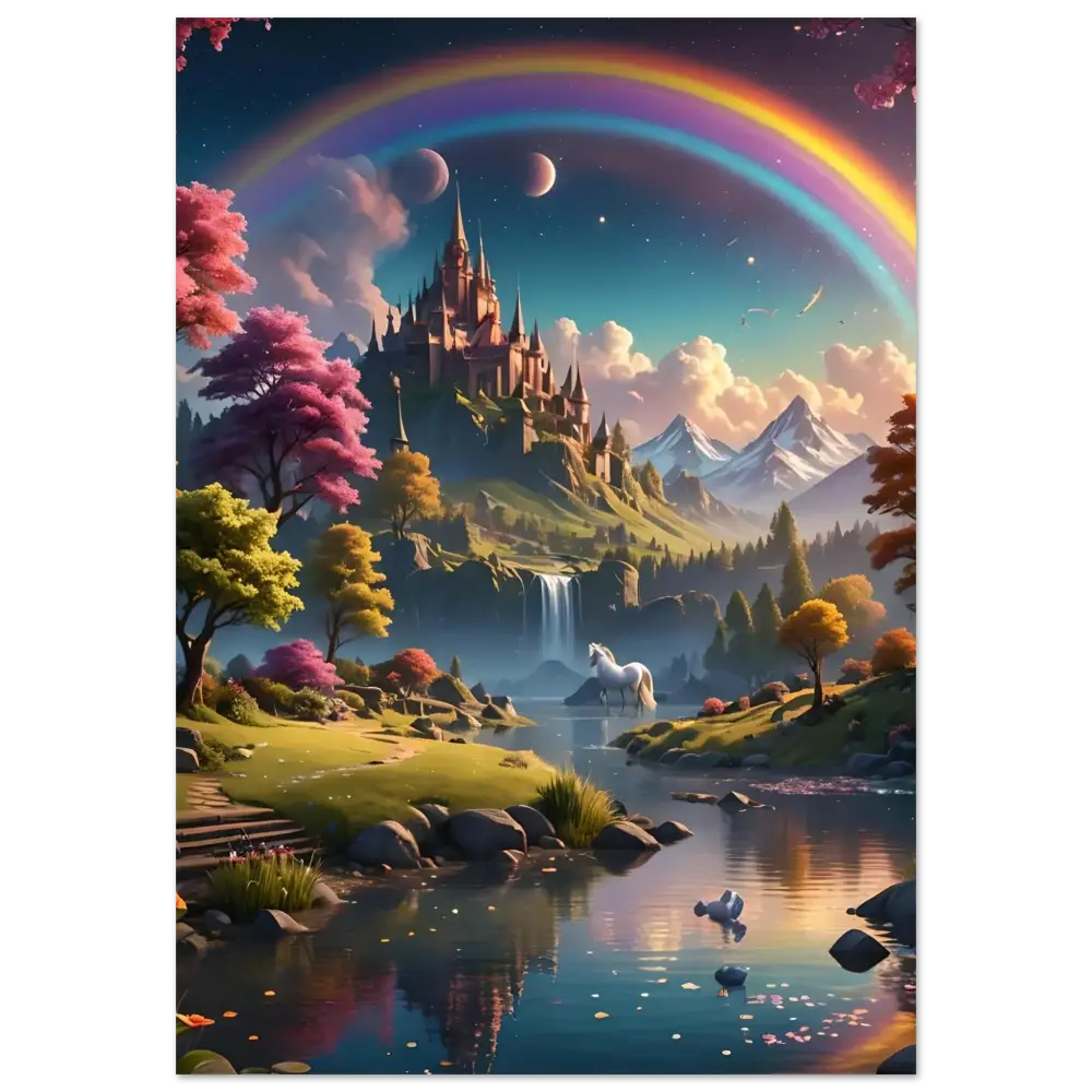 Whimsical castle landscape with rainbow on Realm of the Rainbow Crown fantasy poster