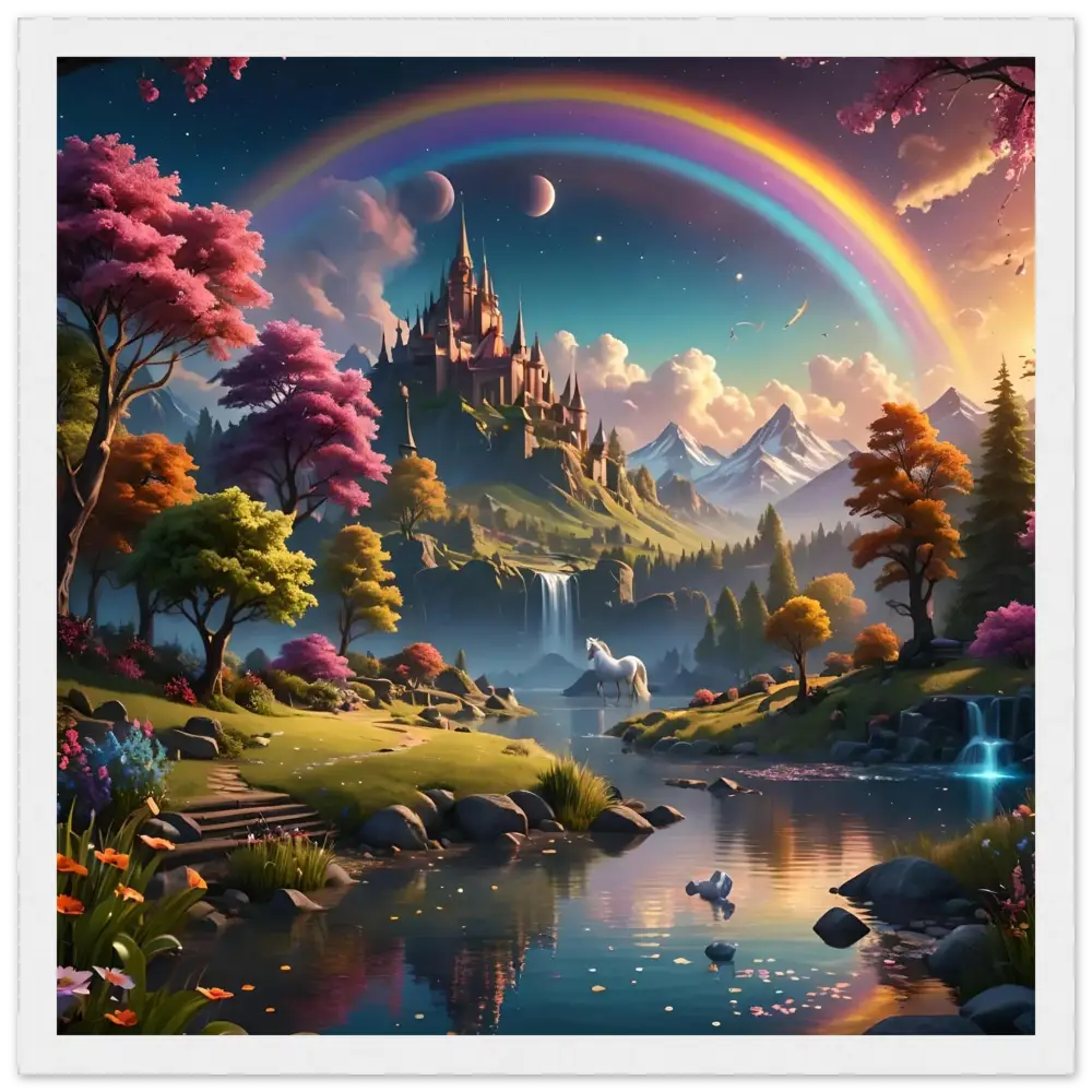 Whimsical fantasy landscape with castle and rainbow for Realm of the Rainbow Crown poster