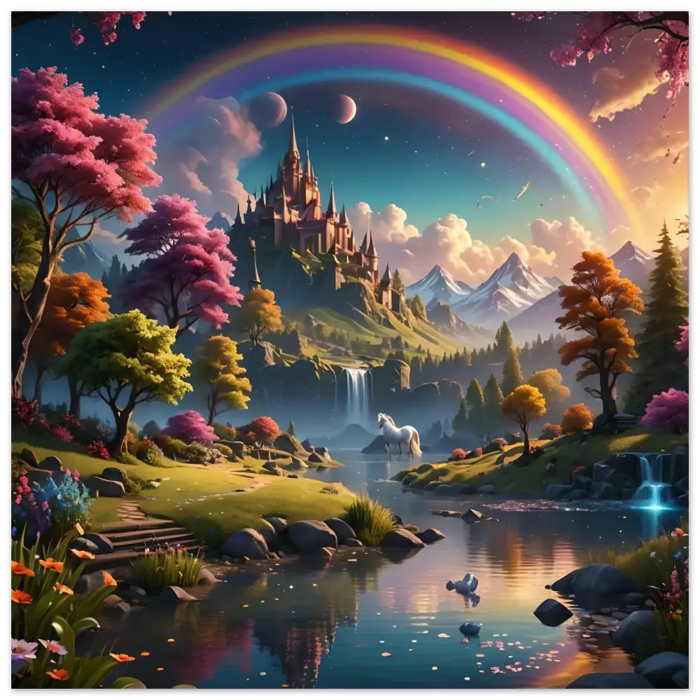 Fantasy castle landscape with rainbow depicted in Realm of the Rainbow Crown poster