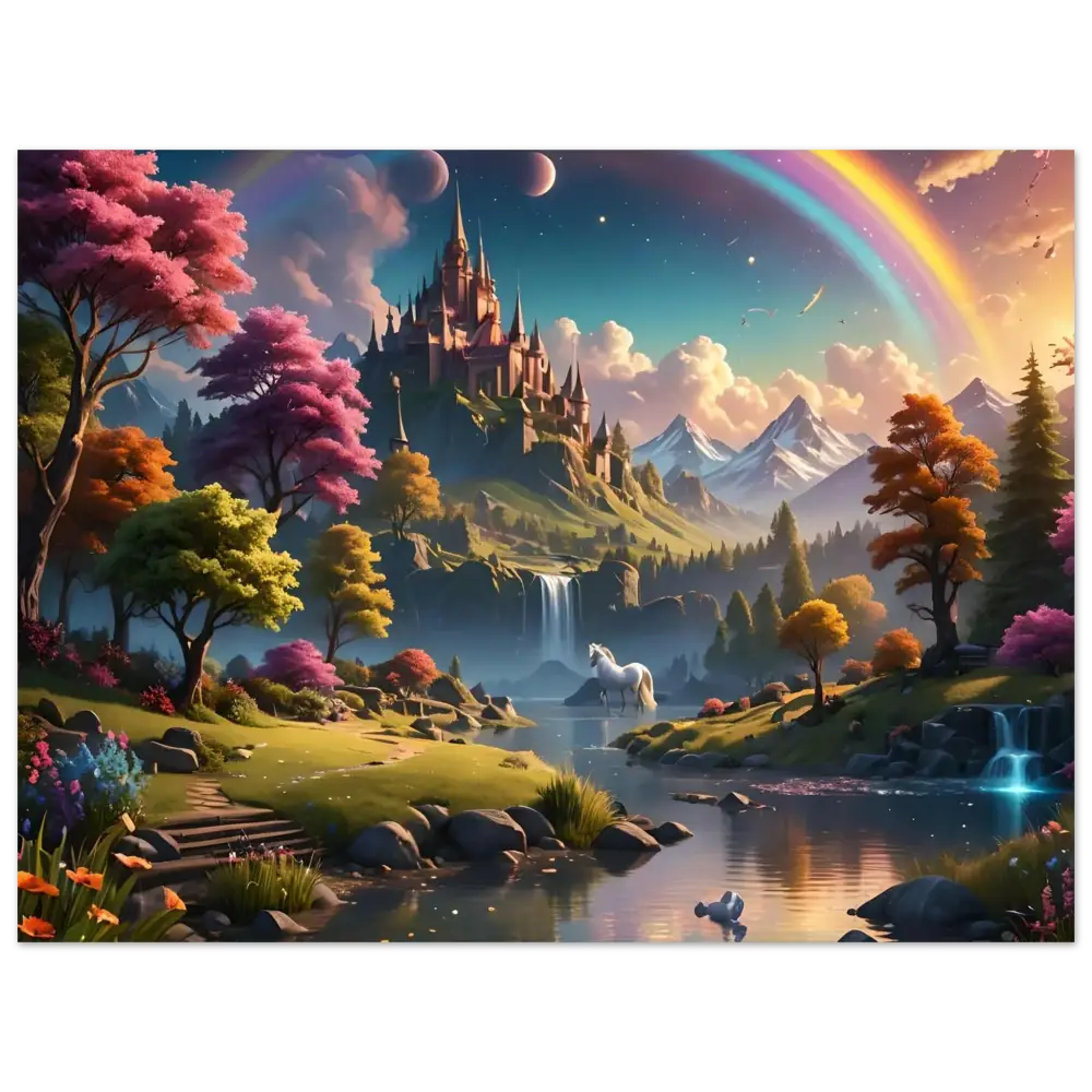 Whimsical fantasy landscape with castle and rainbow for Realm of the Rainbow Crown poster