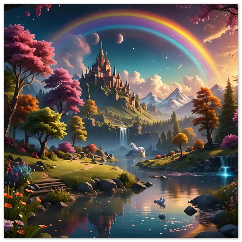 Fantasy castle landscape with rainbow on glossy metal print for Realm of the Rainbow Crown