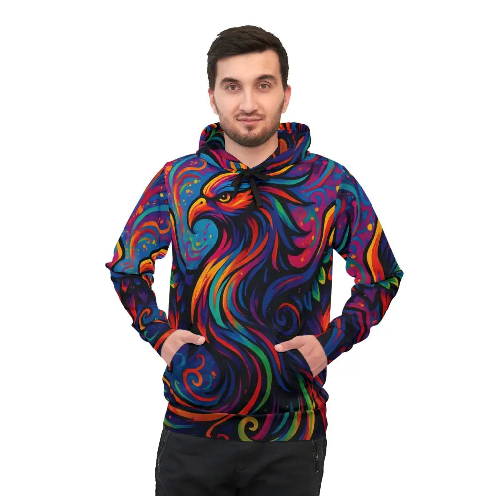 Colorful phoenix hoodie with neon flames from Rebirth in Neon Flame Psychedelic Swirl Hoodie