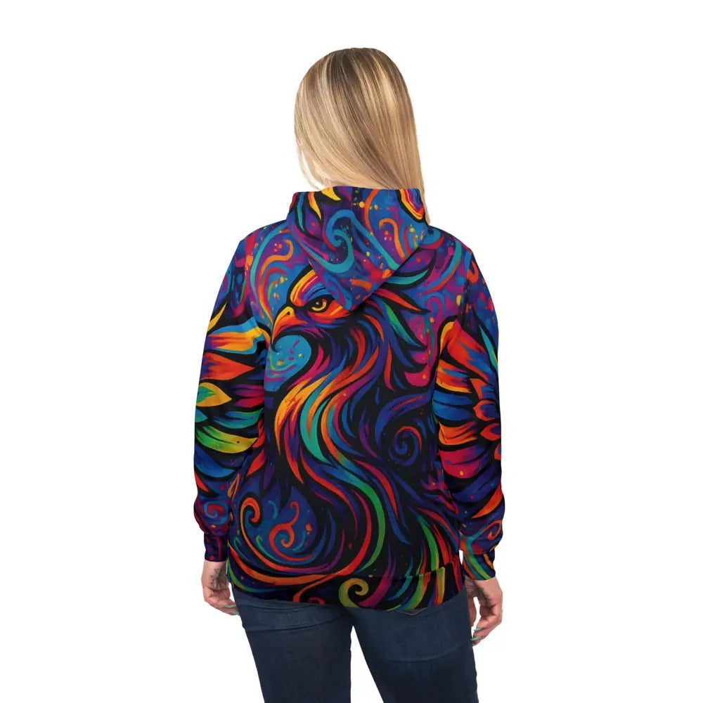 Colorful phoenix hoodie with neon flames from Rebirth in Neon Flame Psychedelic Swirl Hoodie