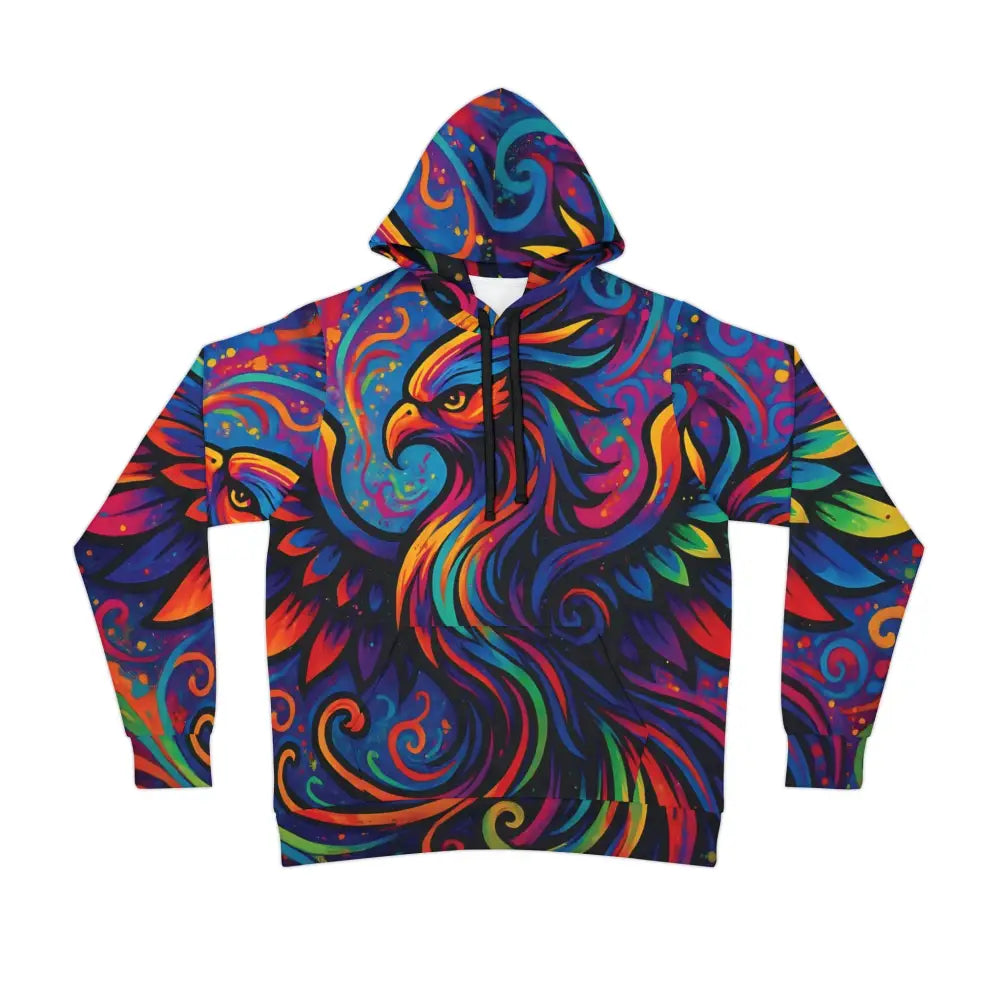 Colorful phoenix hoodie with neon flames and psychedelic swirl design from PixiOnyx
