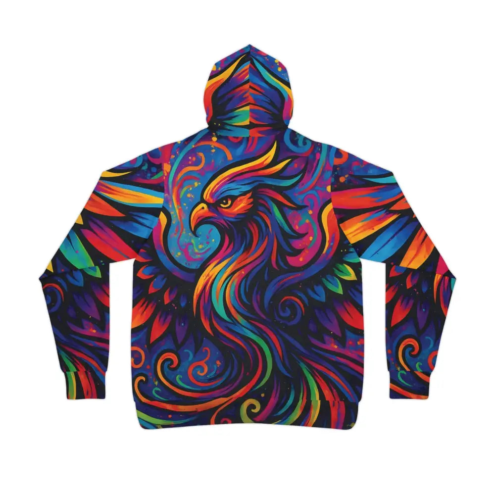 Colorful phoenix hoodie with neon flames and psychedelic swirl design at PixiOnyx