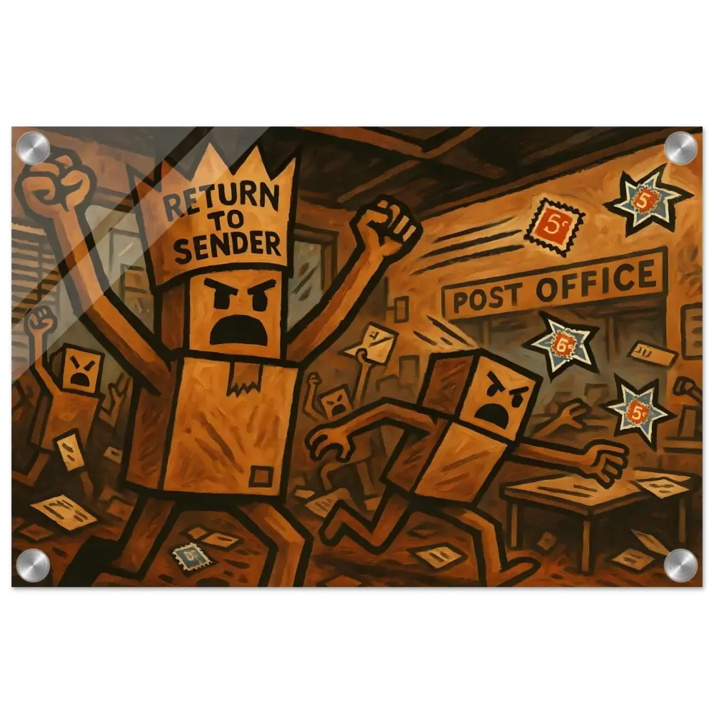 Angry box people riot depicted on Return to Sender Acrylic Print Stamp Revolt PixiOnyx