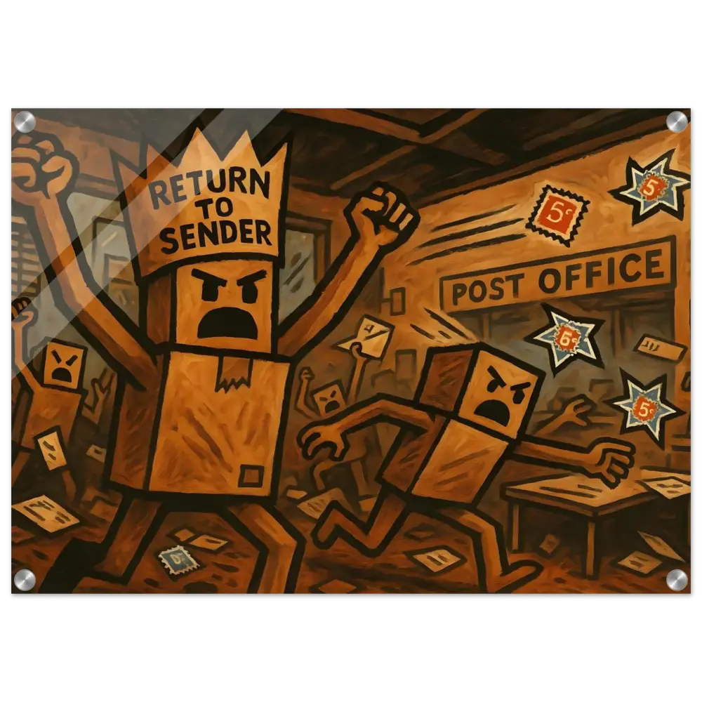 Angry cardboard box characters on Return to Sender Acrylic Print Stamp Revolt PixiOnyx