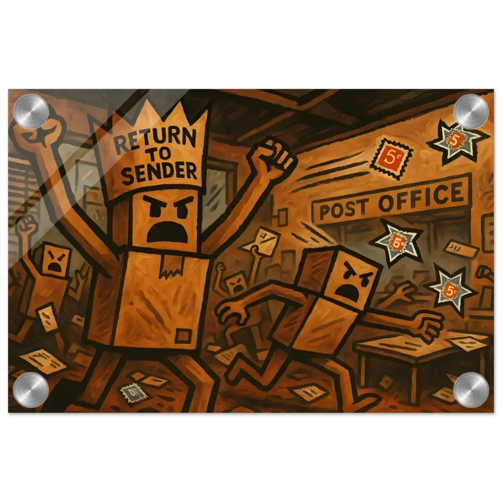 Box-headed characters in a post office riot depicted on Return to Sender Acrylic Print PixiOnyx