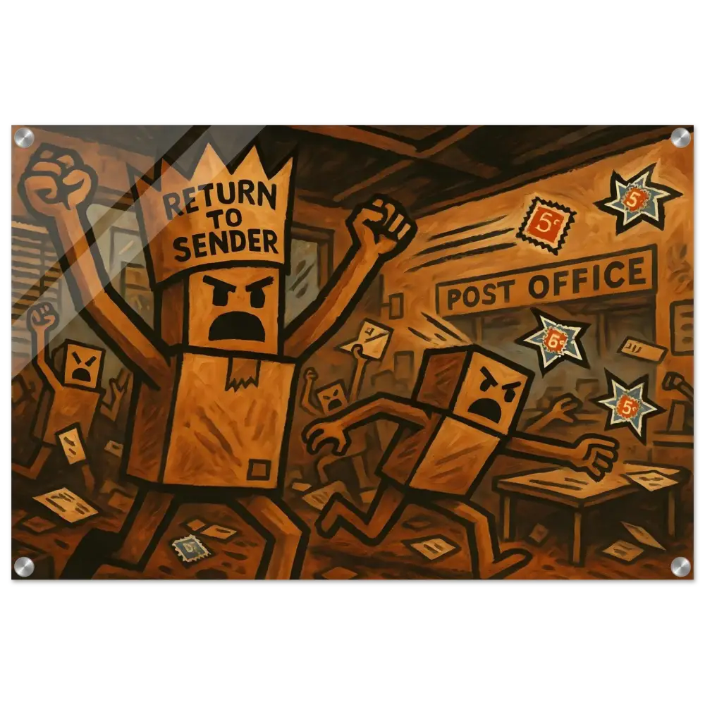 Angry cardboard box characters from Return to Sender Acrylic Print Stamp Revolt PixiOnyx