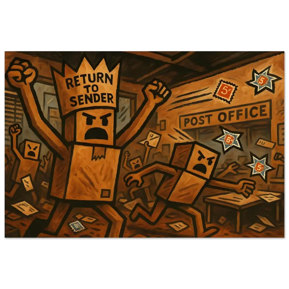 Angry cardboard box rebellion artwork on Return to Sender Aluminum Print PixiOnyx Gloss Metal Riot Panel