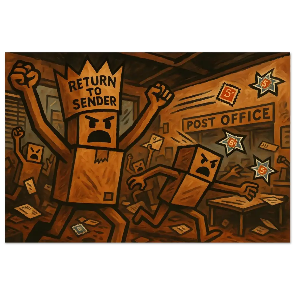 Angry cardboard box characters from Return to Sender Wood Print Box Rebellion PixiOnyx