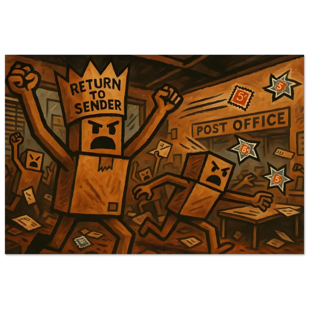 Angry box people riot scene on Return to Sender Wood Print Box Rebellion PixiOnyx