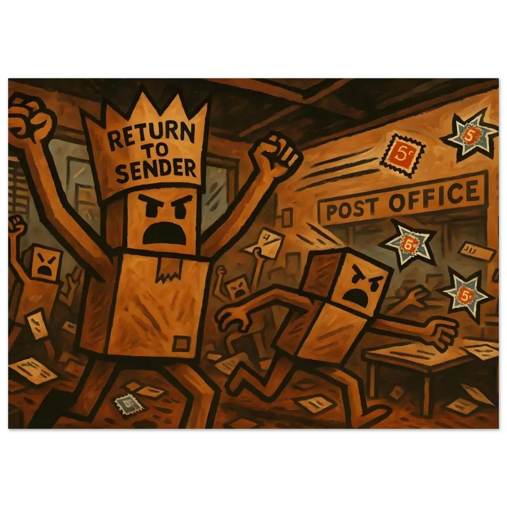 Angry box people riot displayed on Return to Sender Wood Print with Burnt Stamp Resistance