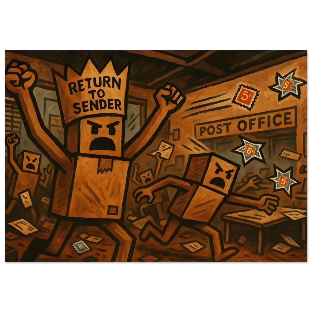 Angry box people riot depicted on Return to Sender Wood Print Box Rebellion PixiOnyx