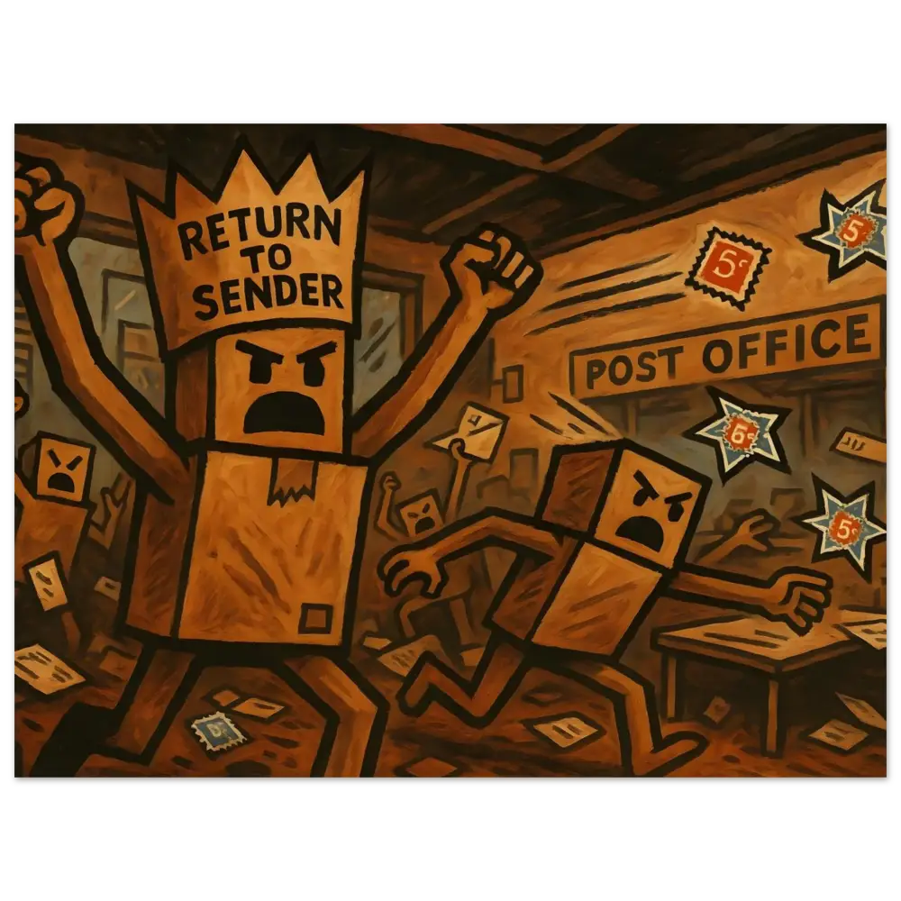 Angry box people rioting on the Return to Sender Wood Print Box Rebellion PixiOnyx board