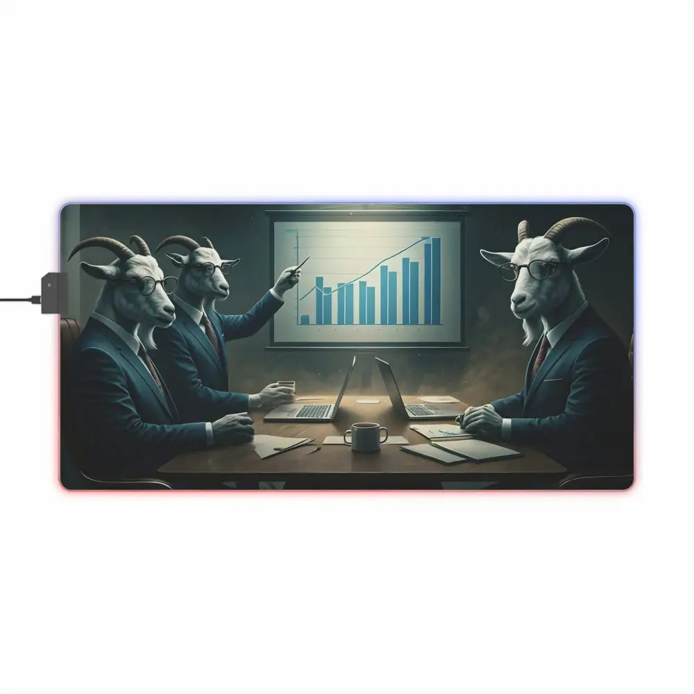 RGB goat-themed mousepad on PixiOnyx Gaming Desk Mat for quarterly earnings reports