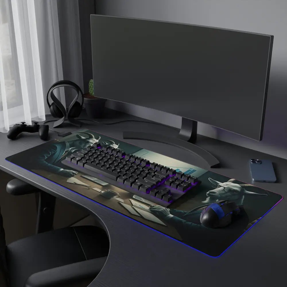 Gaming desk setup featuring RGB Gaming Desk Mat from PixiOnyx Executive Vibes