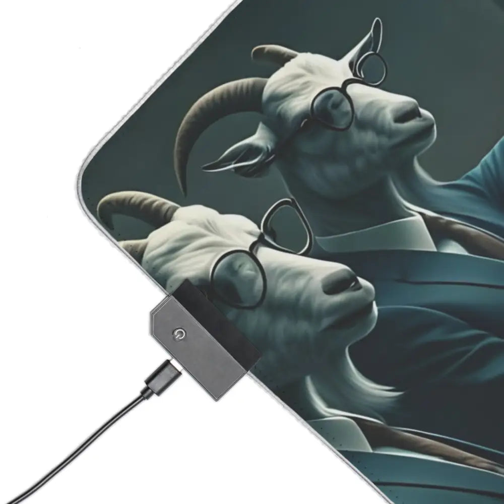 Goat-themed charging mousepad on RGB Gaming Desk Mat with Quarterly Goat Earnings Report