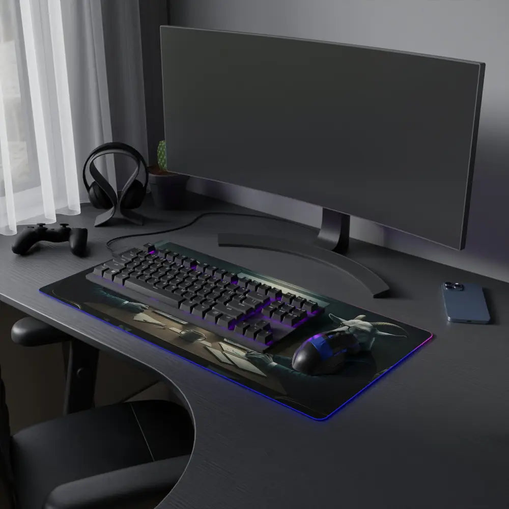 Gaming computer setup on RGB Gaming Desk Mat with Quarterly Goat Earnings Report