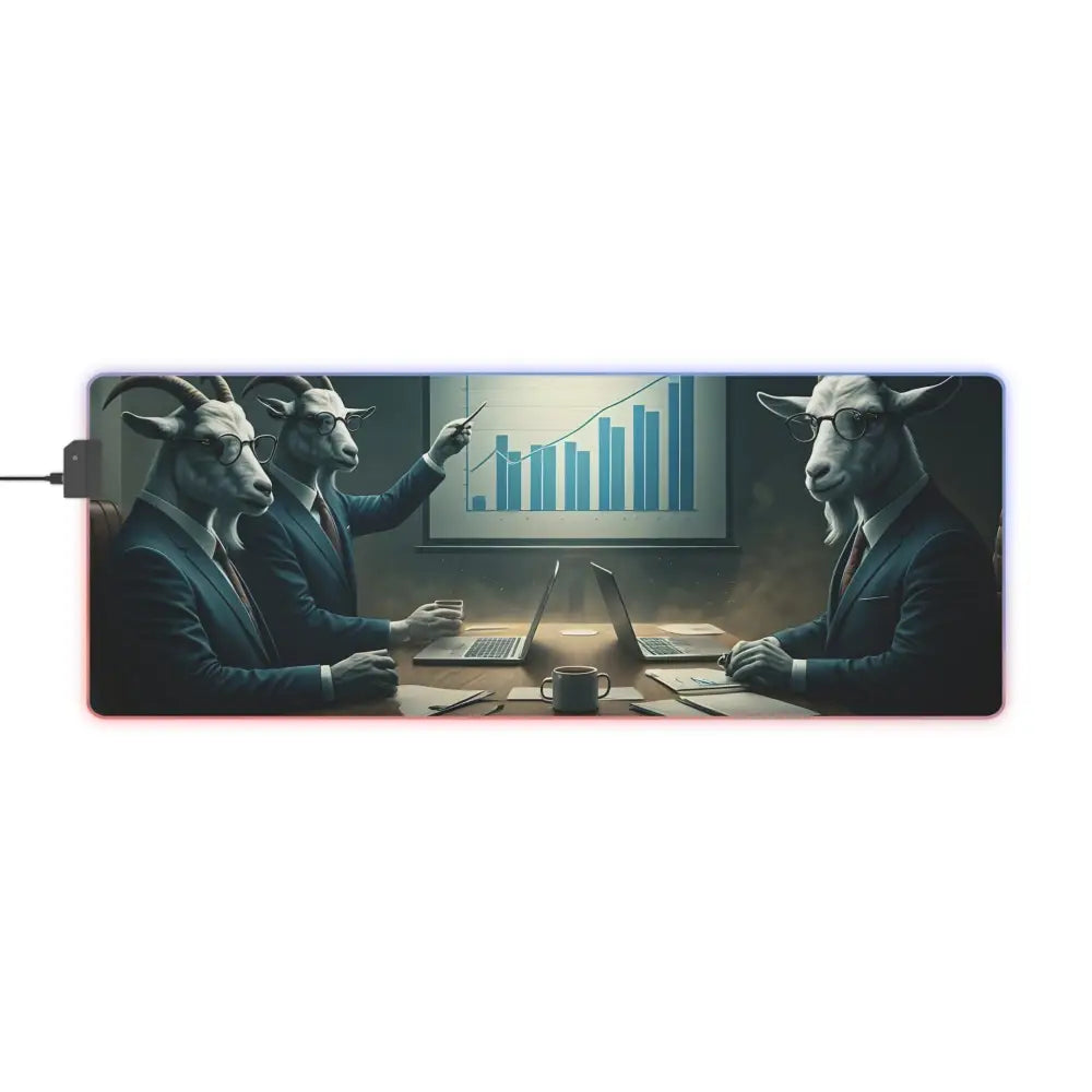 Extended RGB mousepad with anthropomorphic goats in business attire for gaming desk setup