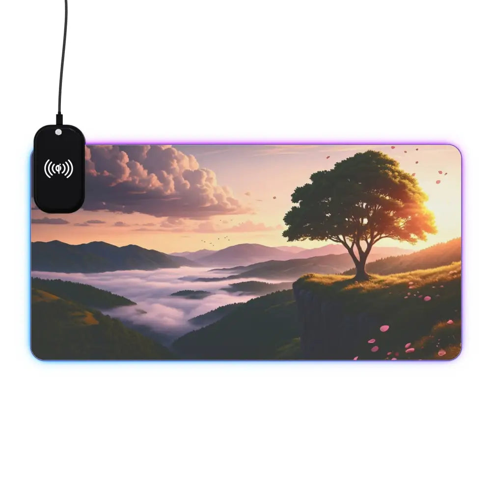 Illuminated landscape mousepad with wireless charging featuring PixiOnyx Dreamscape Vibe