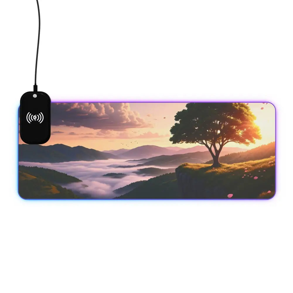Illuminated landscape mousepad with wireless charging featuring PixiOnyx Dreamscape Vibe