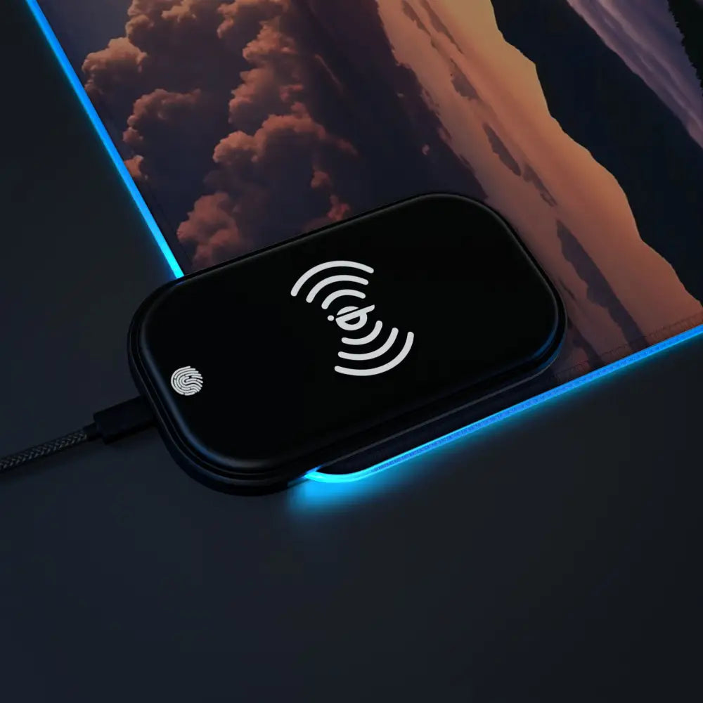 Black wireless charging pad with blue LED trim on RGB Wireless Charging Mousepad The Edge of Dawn