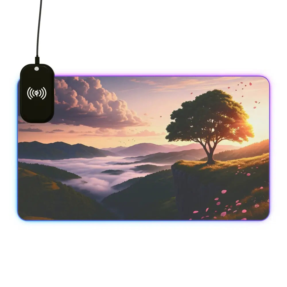 Illuminated landscape mousepad with wireless charging featuring PixiOnyx Dreamscape Vibe design
